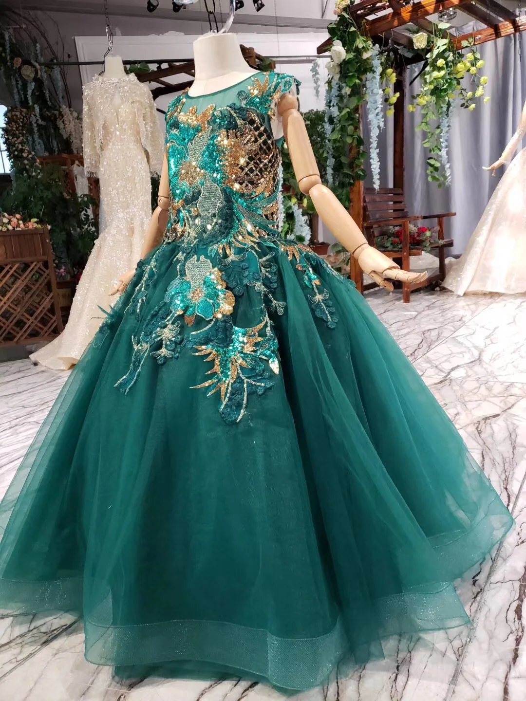 Бальные платья принцессы с пачкой Детские пышные Блестящие Зеленые кружевные