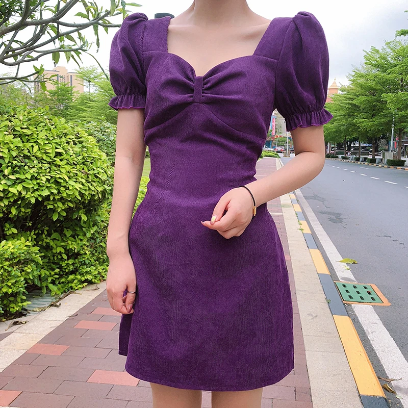 

2021spring and summer new women's bowknot corduroy dress high waist solid color A-line skirt square neck puff sleeve short skirt