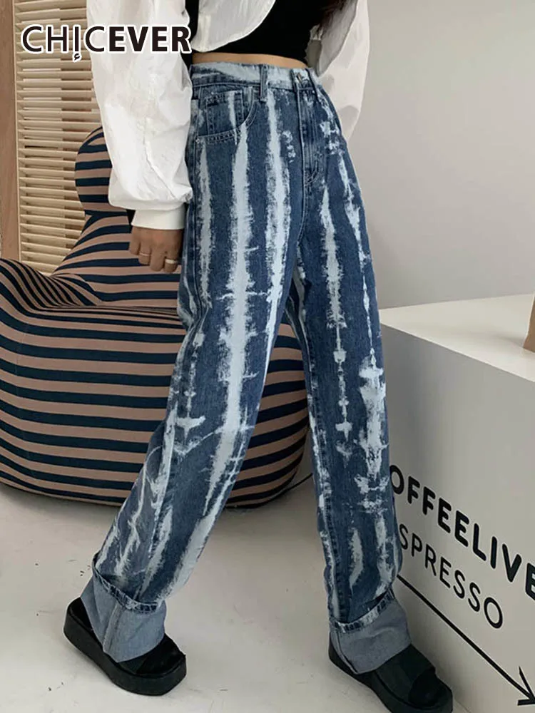 

CHICEVER Striped Print Hit Color Jeans For Women High Waist Straight Denim Wide Leg Pants Female Fashion New Clothing 2021 Fall