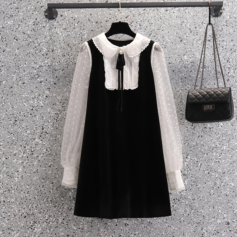 

Plus Size Autumn Dresses Mesh Long Sleeve Patchwork velvet dress fashion French Vintage Midi Vestidos Office Ladies Elegant Robe