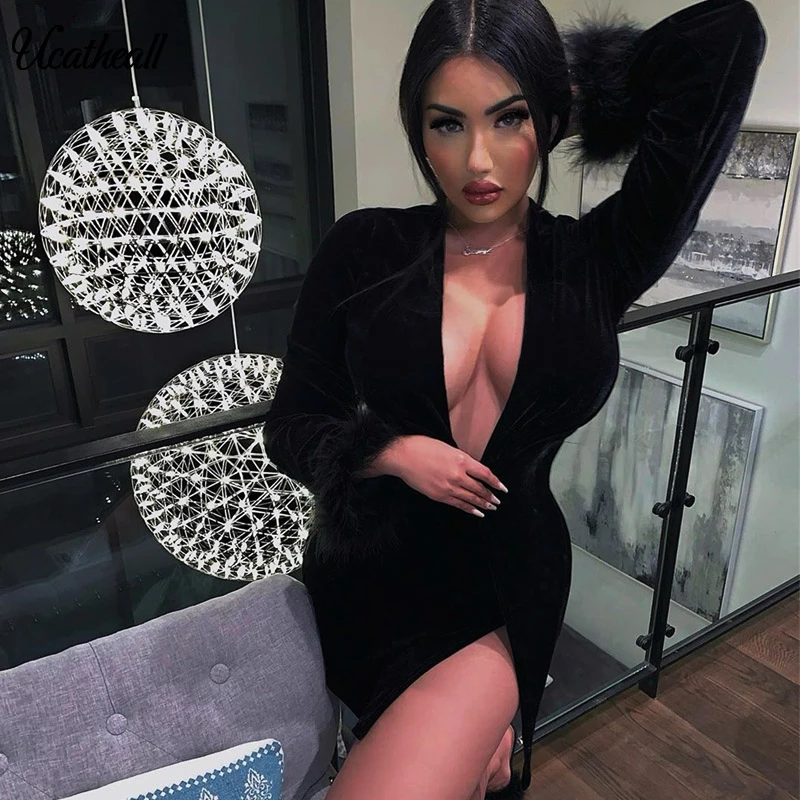 Асимметричное бархатное мини платье блестящее Клубное с длинными рукавами и