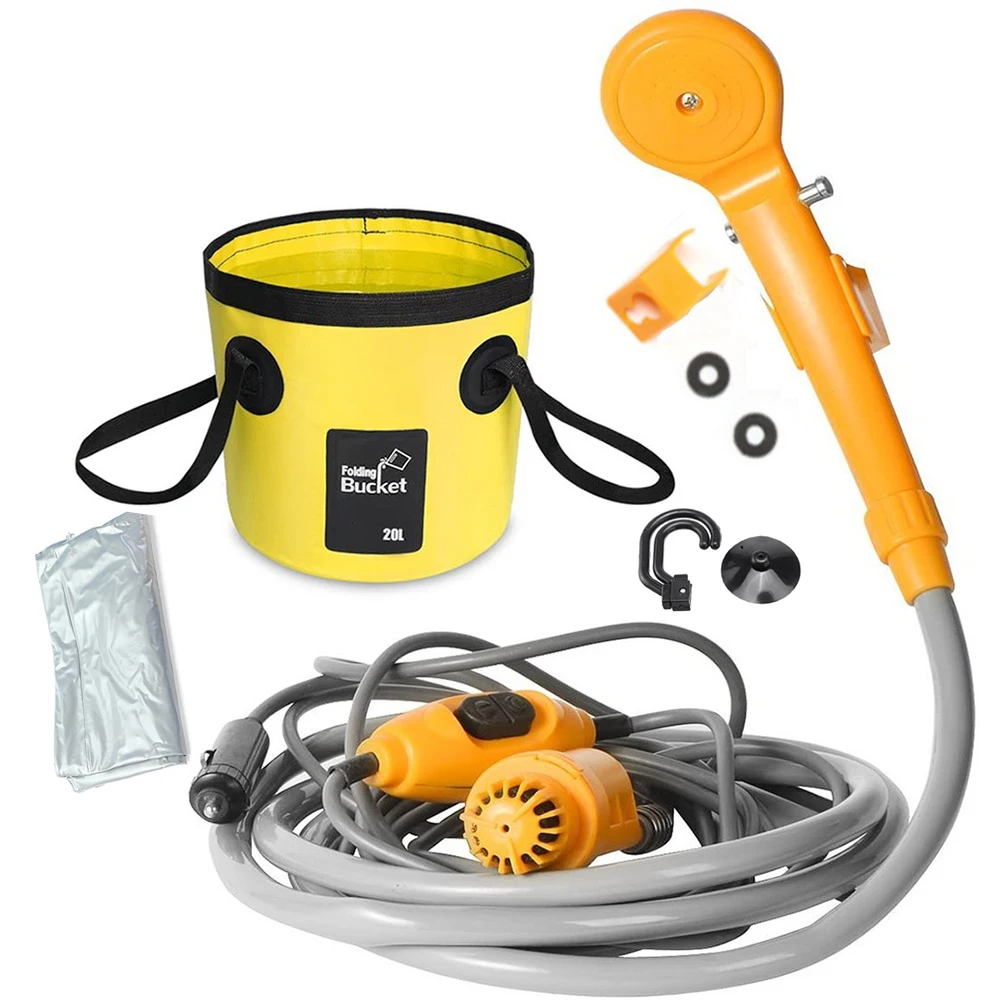 

Portable Camping Shower With Bucket Set Travel Outdoor Hiking Shower Car Washer Plant Watering Pet Cleaning 12V Electric Pump