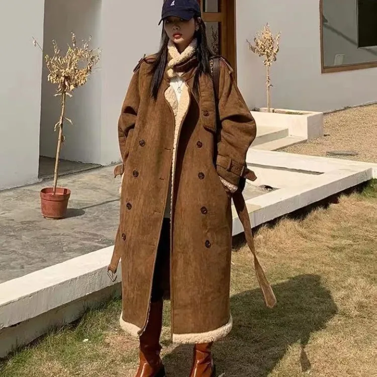 2021 Winter Women Cashmere Lamb Wool Coat Female New Mid-length Loose Jacket Casual Double-breasted Belt Lapel Women Coat