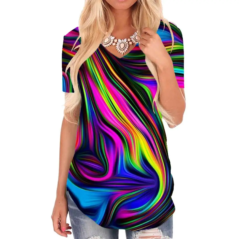 

Giyu Brand Dizziness T Shirt Women Colorful Tshirts Printed Abstract Funny T shirts Psychedelic V-neck Tshirt Womens Clothing