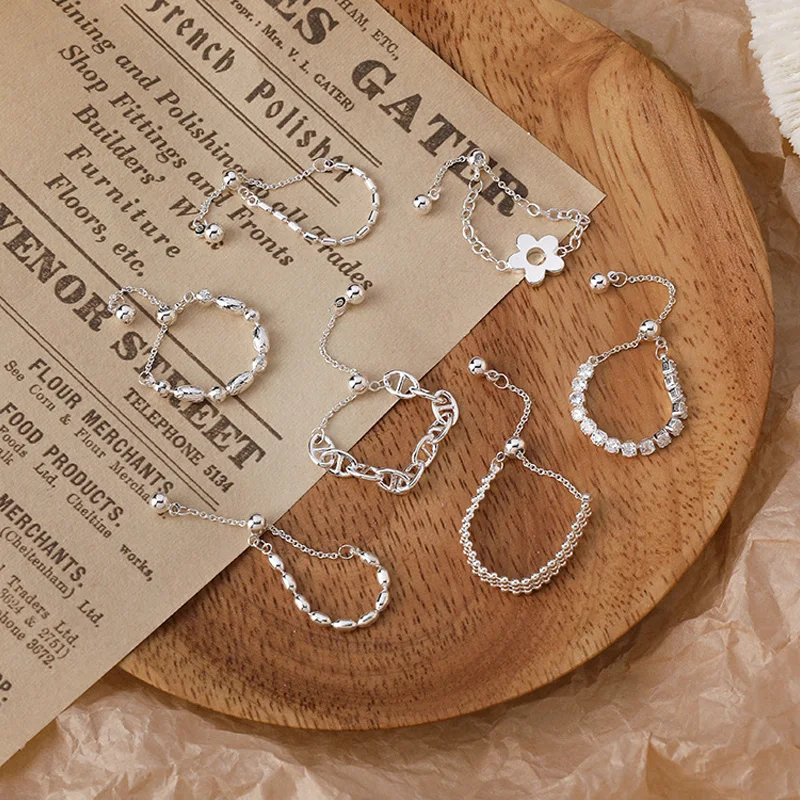 

5 Styles Finger Link Chain Ring Trendy Silver Color Adjustable Opening Ring Small flower Resin Rings For Women Wedding Jewelry