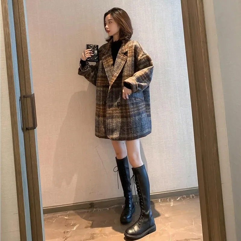 

Vintage Blends Women Plaid All-match Ins Double Breasted Chic Spring Ladies Wool Coats Loose Korean Fashion Womens Outwear Thick