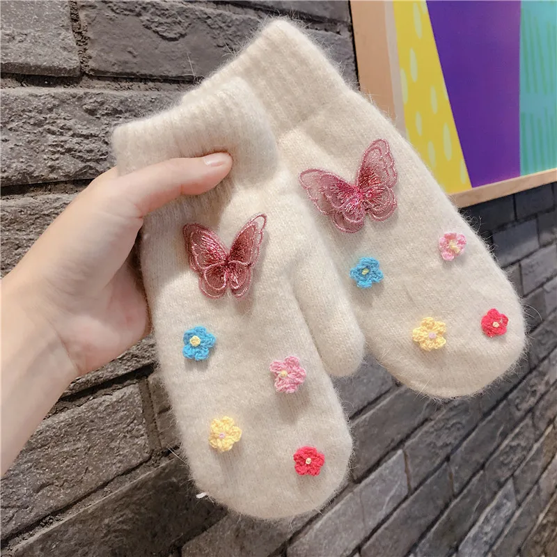 Women Winter Rabbit fur Knitted Full Finger Gloves Basic Thicken Plush Lining Mittens Butterfly Wrist Warmer