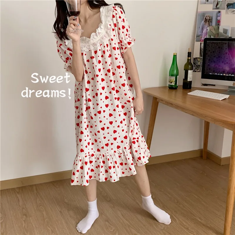 

sweet nightgowns women short sleeve love heart print midi sleepdress comfortable soft cotton nightdress new homewear