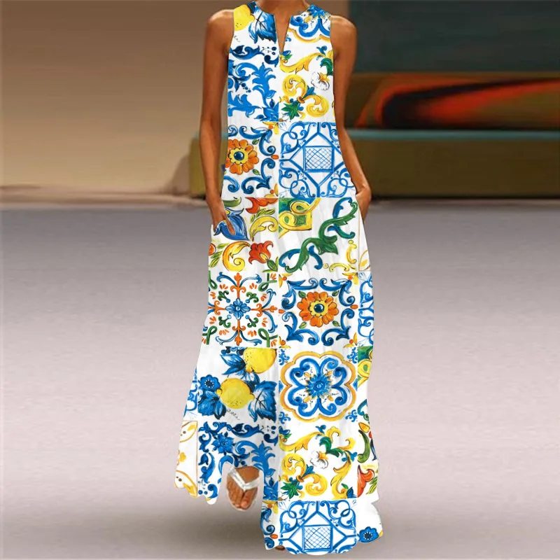 

Boho Floral Maxi Dress Summer Sleeveless Pockets Long Dress Women Casual Sundress Vintage Robe 2021 New Tie-dye Printed Dresses
