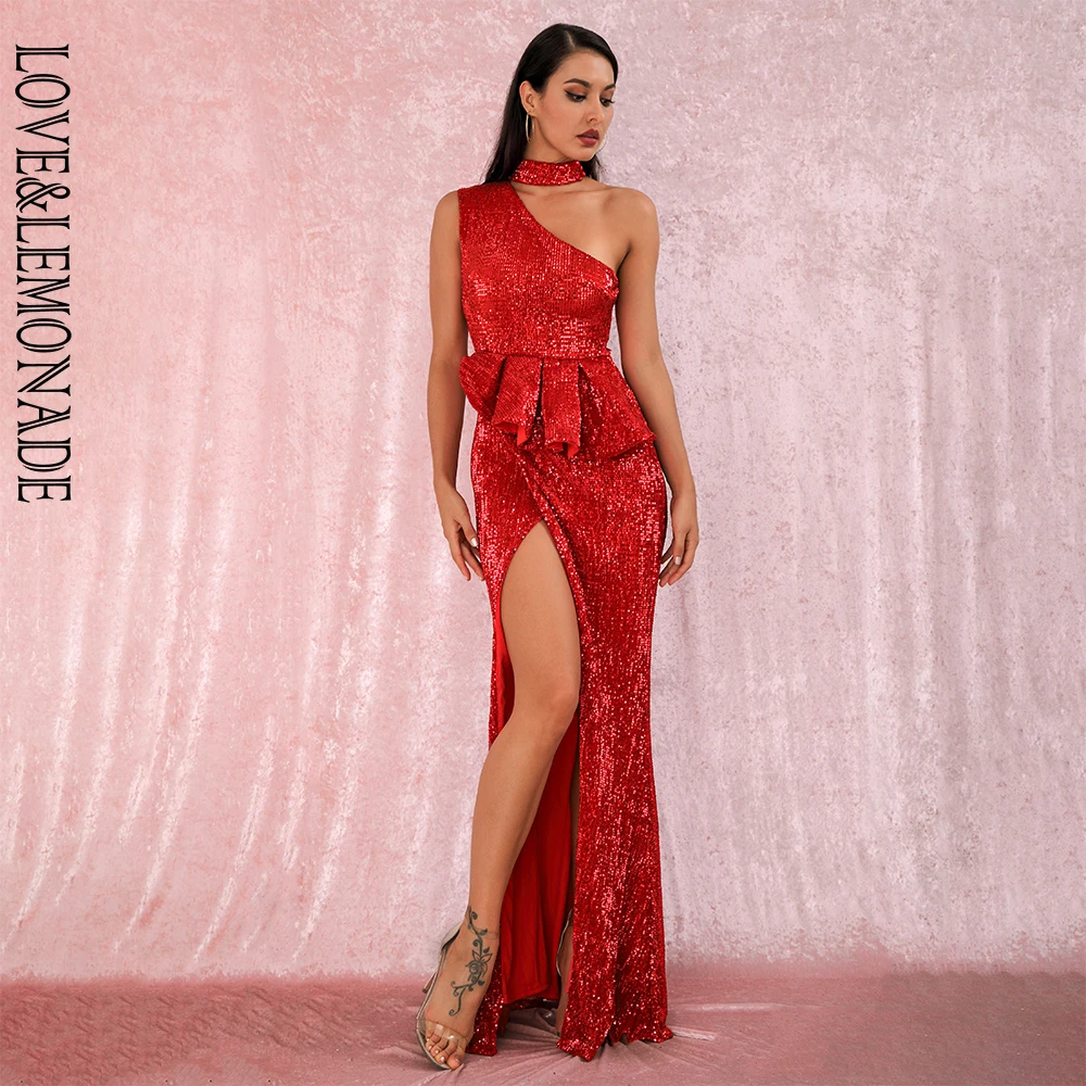 Женское платье с лямкой на шее LOVE & LEMONADE красное вечернее макси без бретелек