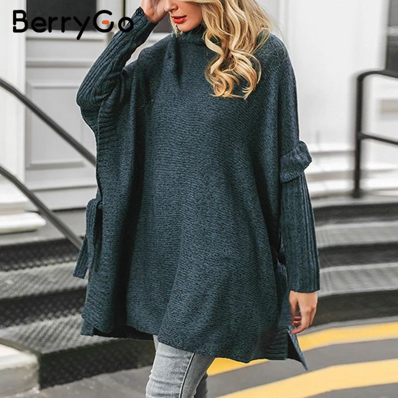 BerryGo Turtleneck autumn winter sweater women Long sleeve solid ladies poncho Casual bat female pullover | Женская одежда