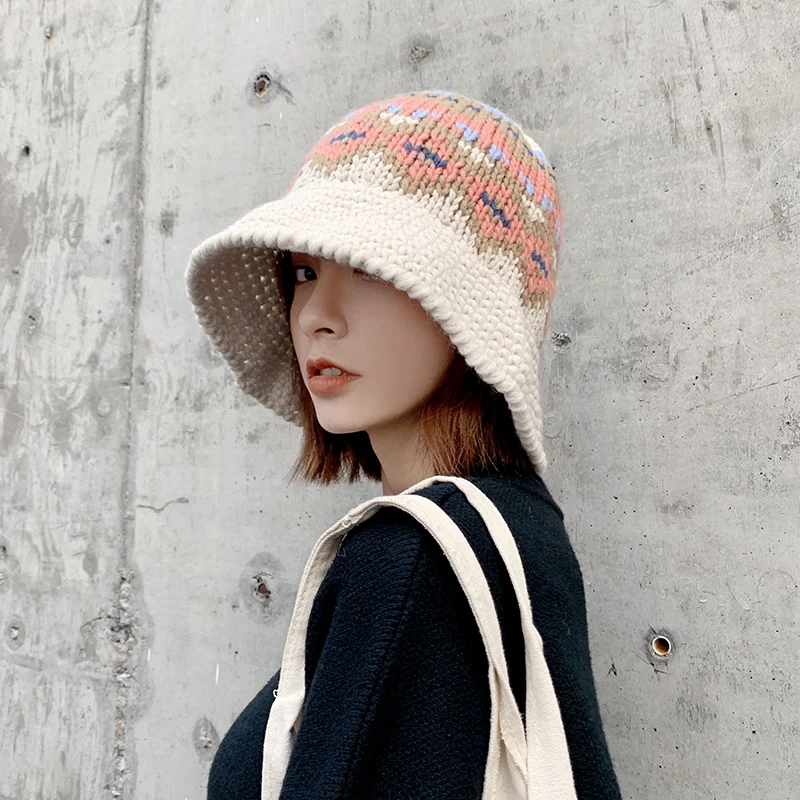 H3581 Winter Bucket Hat Female Korean Knitted Fisherman Cap Fall Warm Shopping Outdoor Casual Japanese Simple Fashion Girl Hats
