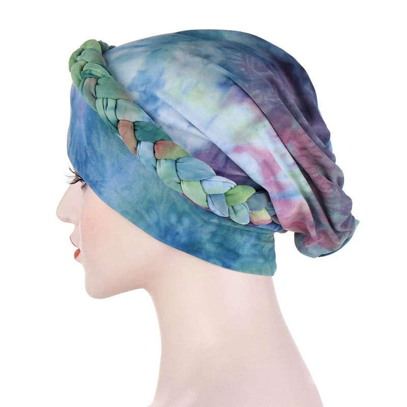 

Women Tie-dye Print Muslim Hats Head Cover Round Bonnet Hat Braided Headwrap Night Cap Sleep Caps Turban Hat Hair Accessories