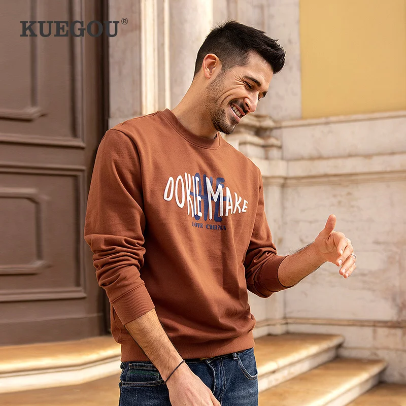 

KUEGOU 2022 Spring 100% Cotton Print Crewneck Sweatshirt Men Fashion Vintage Trendy Streetwear Designer Oversize Clothes 26087