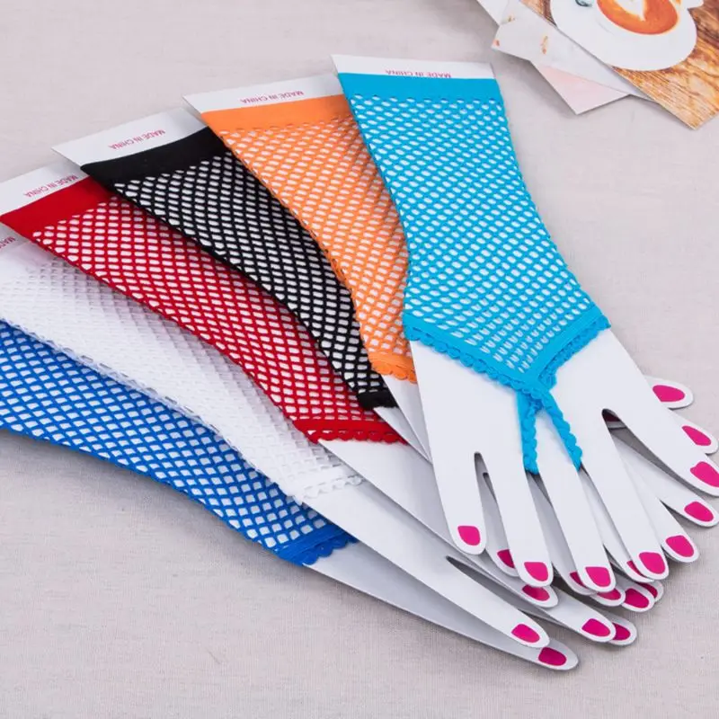 

Women Sexy Sheer Punk Long Fingerless Gloves Solid Color Fishnet Disco Dancing Party Mesh Mittens Lace Trim With Finger Loop