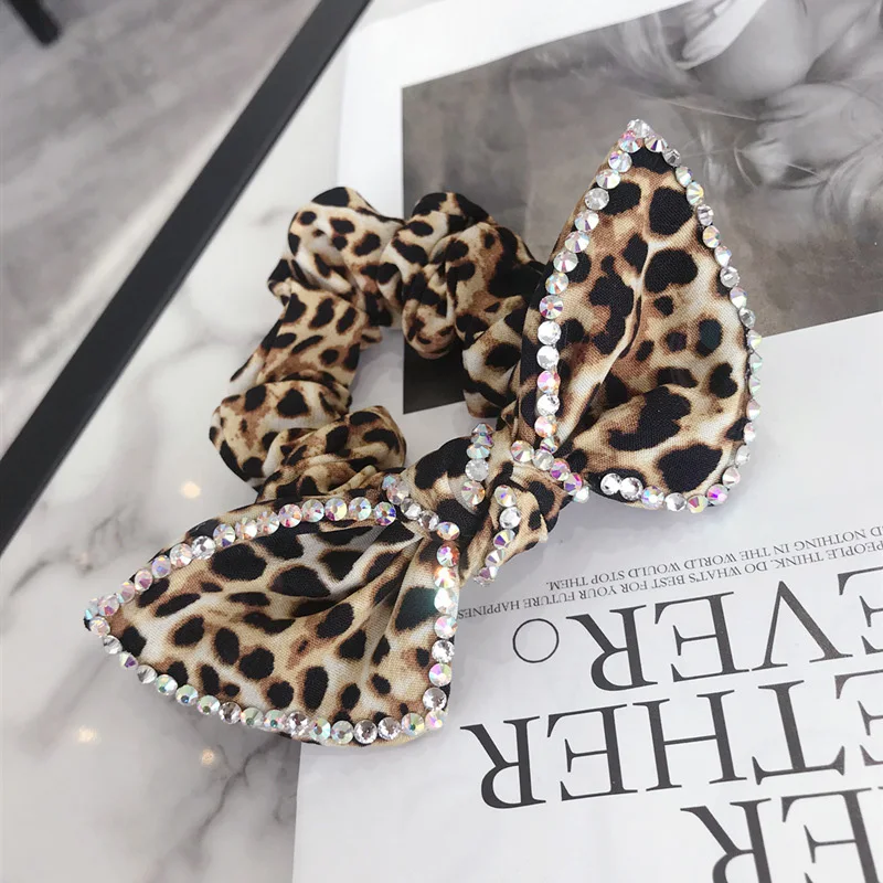 

Fashion Leopard Print Big Bows Hair Rope Scrunchies Girls Hair Accessories Rhinestone Rubber Band Elastic Hair Bands for Women