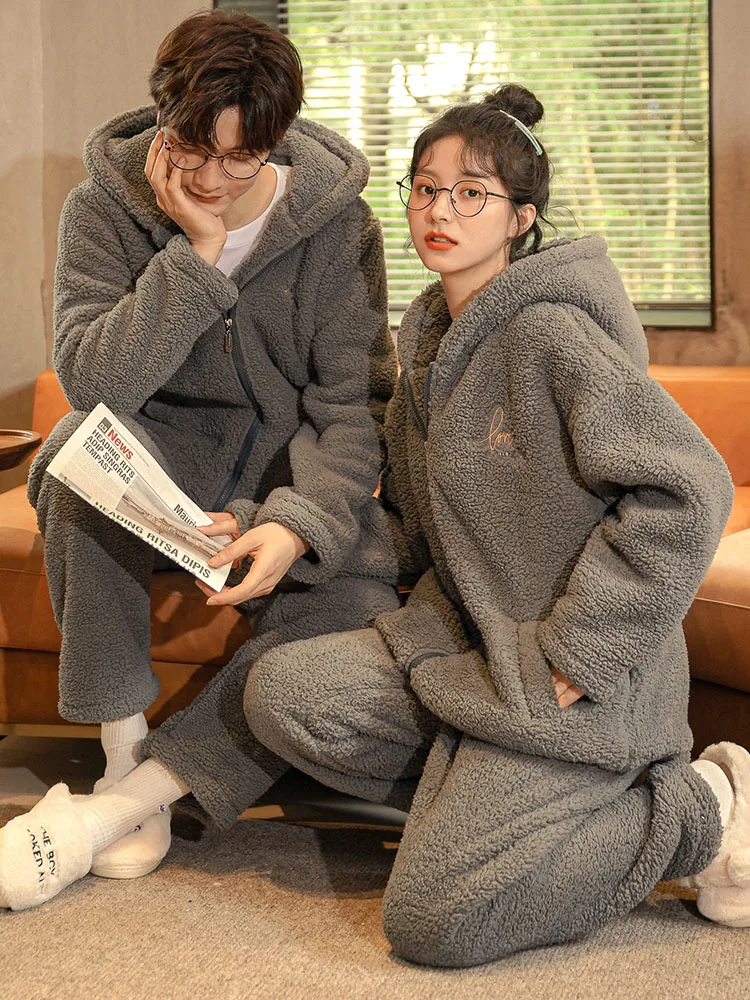 Autumn and Winter Couple Pajamas Women's Coral Fleece Thickened Long-Sleeved Hooded Zipper Men's Flannel Exercise Homewear