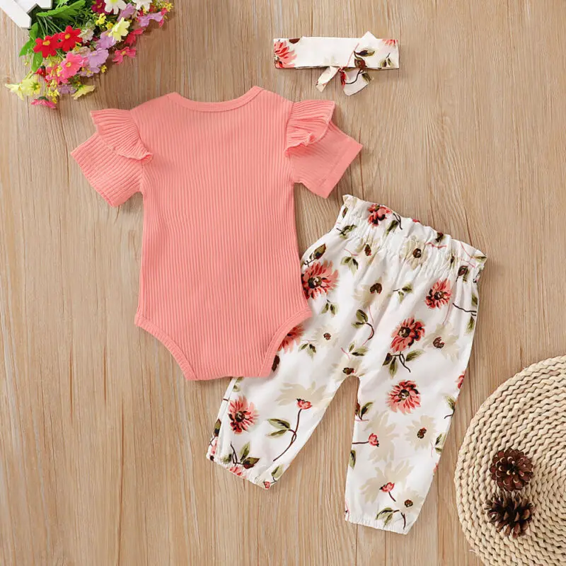 Baby Print Clothing Set 3pcs Summer Full Sleeve Infant Girl Clothes Romper Top Flower Pants Headband Outfit 0-18 Months | Детская одежда
