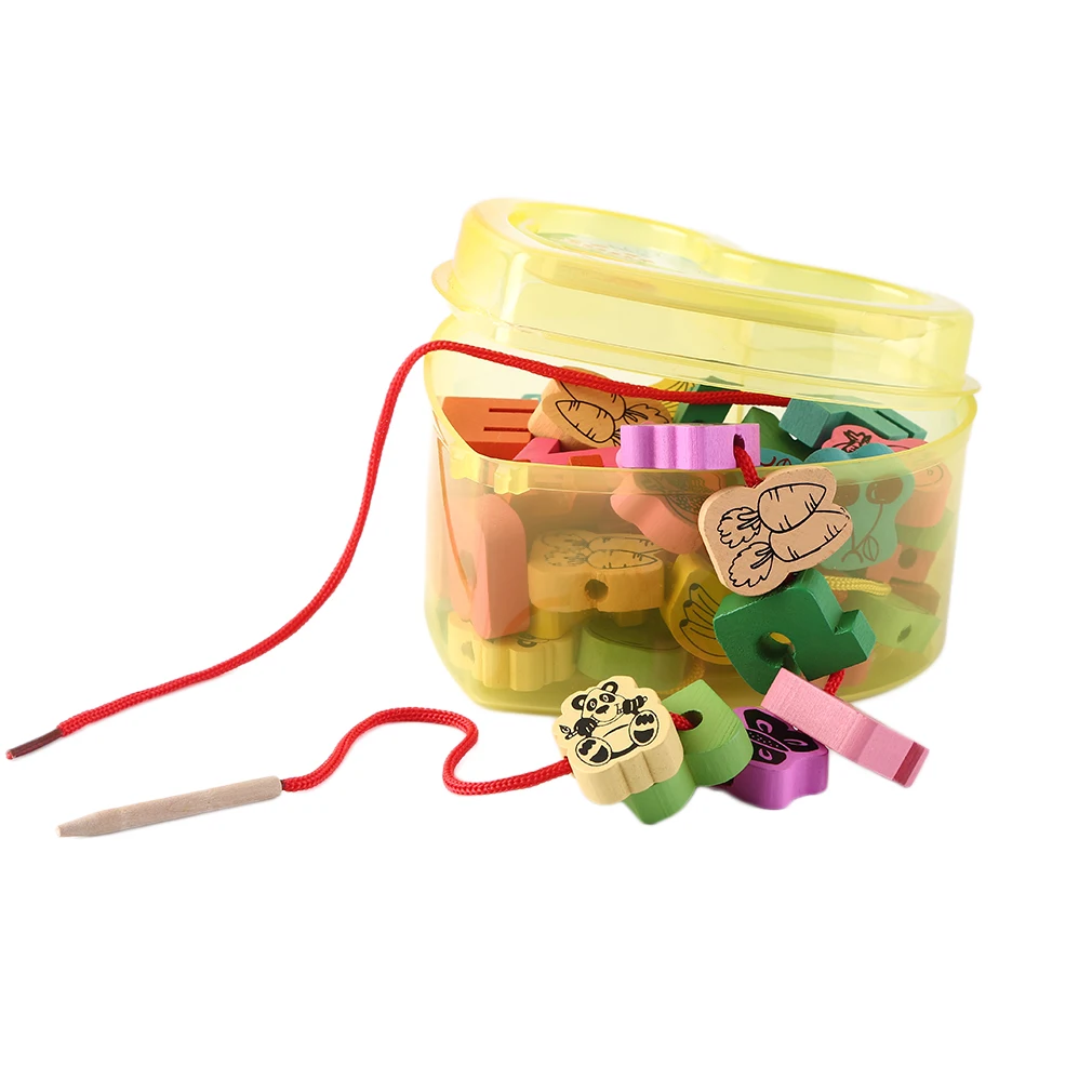 

60pcs/lot Baby Montessori Educational Wooden Toys Animals Blocks Stringing Threading Lace Beads Box Preschool Learn Toy for Kids
