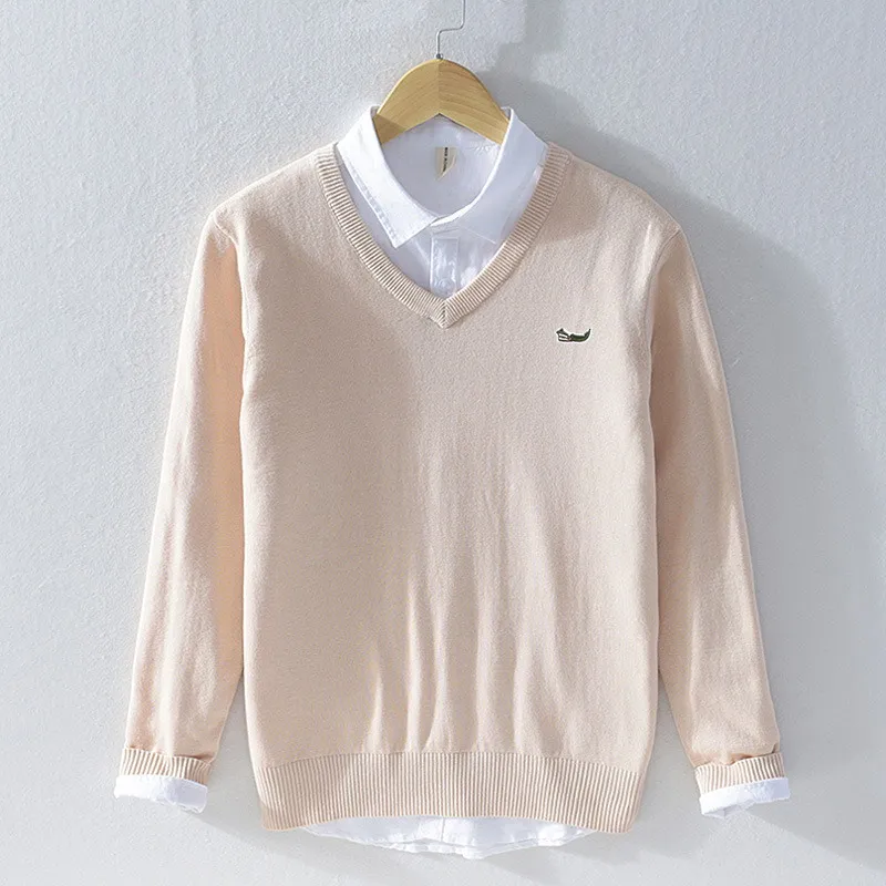 

High Quality 100% Cotton Spring Autumn Long Sleeve V-Neck Solid Color Pullovers Mens Sweaters Casual Male Clothing Knitted Coats