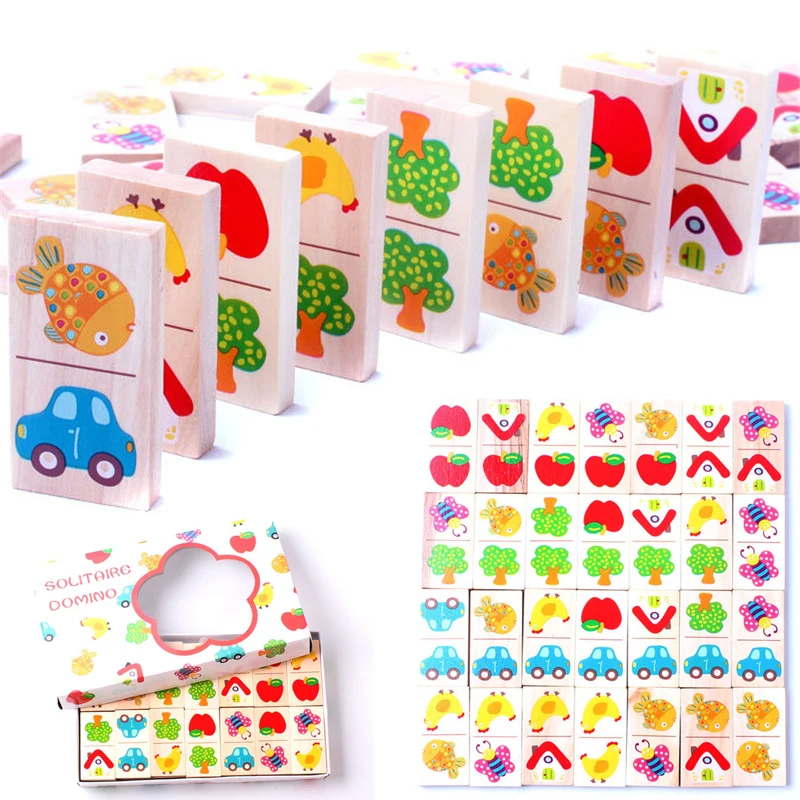 

28pcs Wooden Domino Fruit Animal Recognize Blocks Dominoes Games Jigsaw Montessori Children Learning Education Puzzle Baby Toy