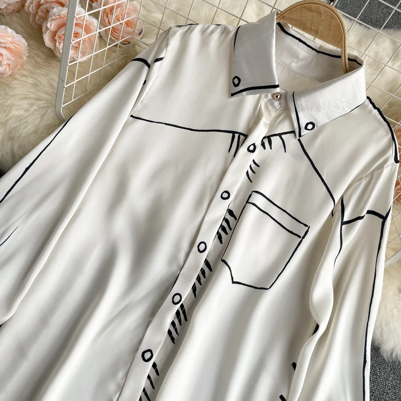 

Female Autumn Line Printed Loose Chic Blouse Shirts Vintage Oversized Satin Boyfriend Tunic Shirt Women Casual Korean Tops New