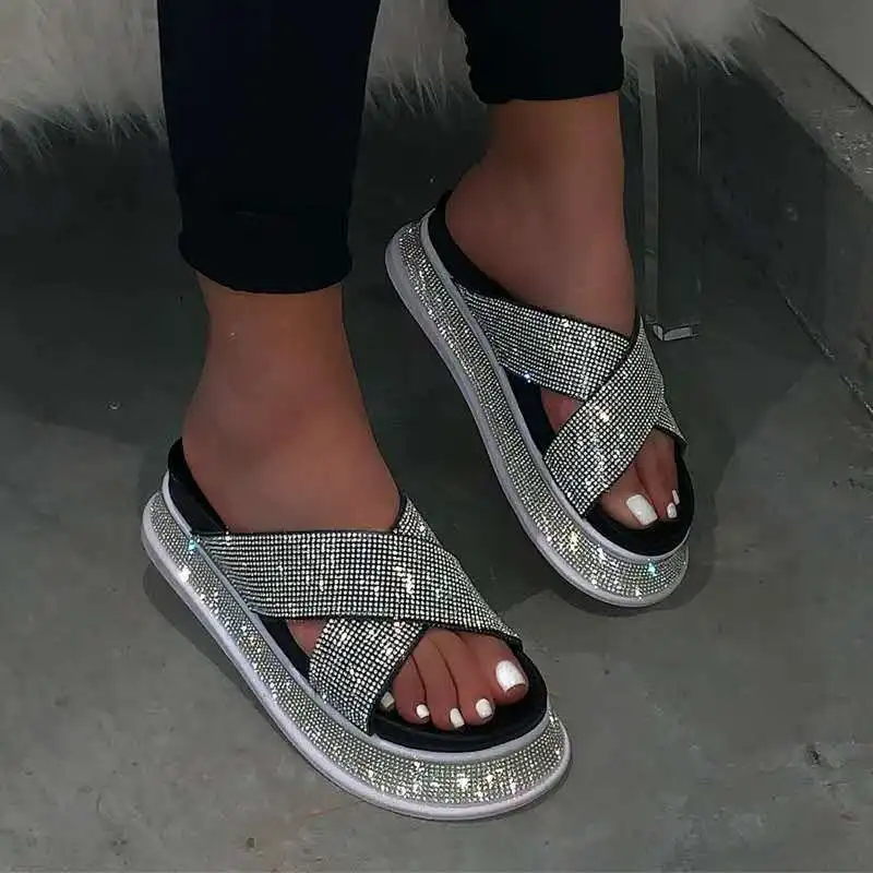 

Big Size Slippers Women Summer Glitter Slides Sliders Shoes On A Wedge Heeled Mules Pantofle Jelly High 2021 Basic Crystal Fabri
