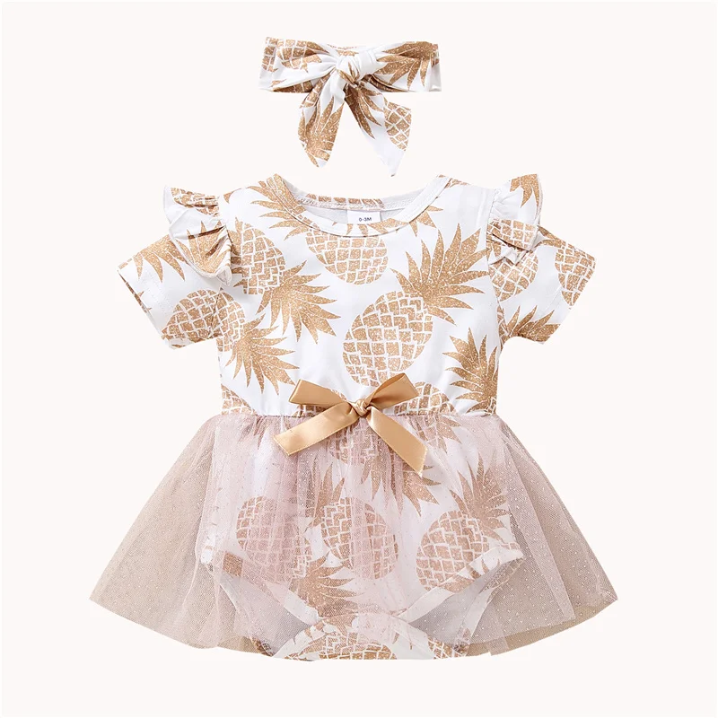 

Cute 2Pcs Baby Girls Summer Romper Suit, Pineapple Print O-Neck Short Sleeves Jumpsuit Yarn Skirt with Hairband 0-12Months