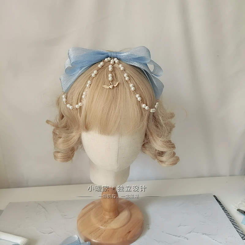 

Hand made DIY Bow Ribbon Pearl Chain Tassel Headdress Headband Lolita Hair Hoop Gorgeous Vintage Palace KC Headband Cosplay