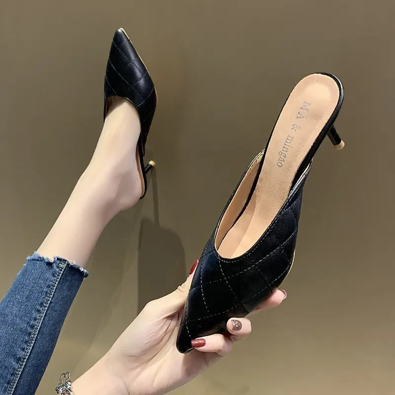 

Shoes Woman 2022 Slippers Casual Pointed Toe Shallow Med Female Mule Thin Heels Pantofle Luxury Mules Cover New Slides PU Rubber