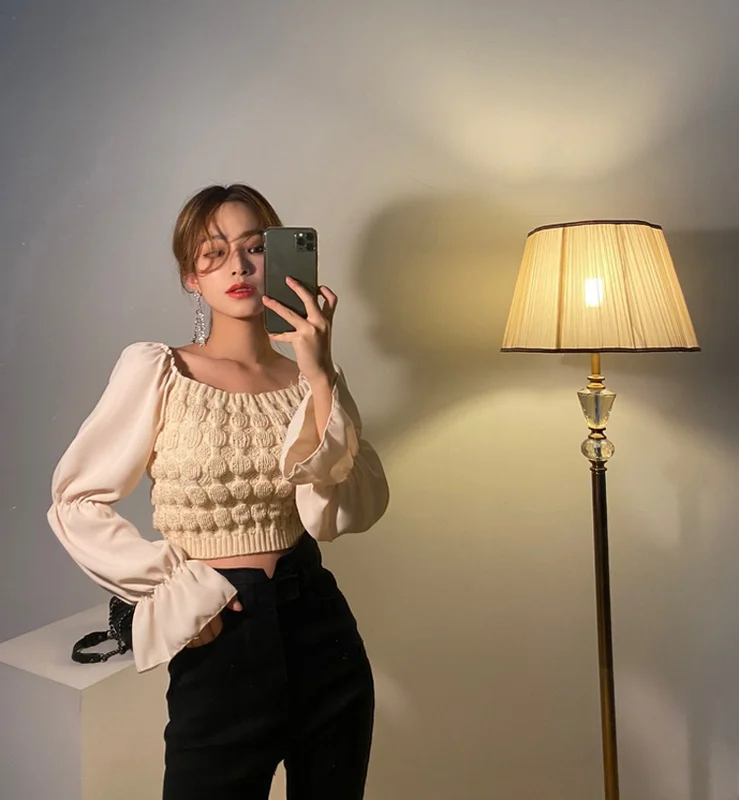 

Новинка Осень-зима корейский Молодежный ранний вязаный квадратный воротник