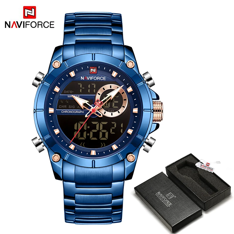 BEBE BOX Новинка NAVIFORCE мужские военные модные часы золотые кварцевые наручные часы Стальные водонепроницаемые часы с двойным дисплеем мужские часы Relogio Masculino - Цвет: BEBE BOX