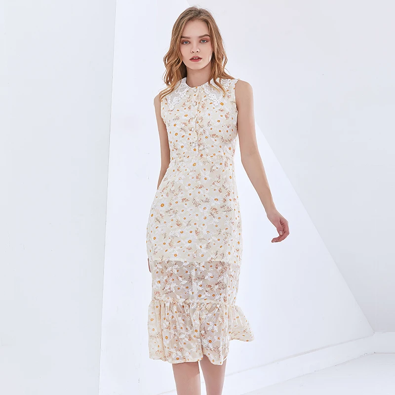 

Print Floral Dress For Women Lapel Sleeveless Hit Color Elegant Midi Dresses Female Fashion New Clothing 2021 Style