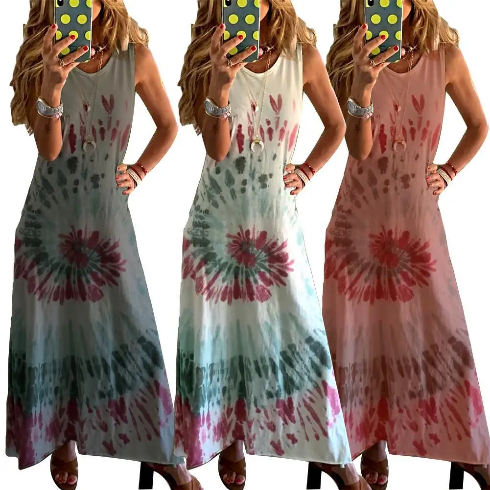 

Women Casual O Neck Sleeveless Swirl Print Large Hem Beach Loose Long Dress