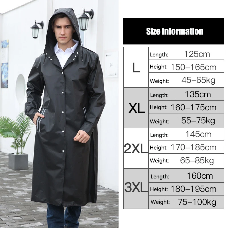 

Fashion Long Adult Raincoat Men Women EVA Black Impermeable Outdoor Hiking Rain Coat Poncho Jacket Hooded Waterproof Reusable