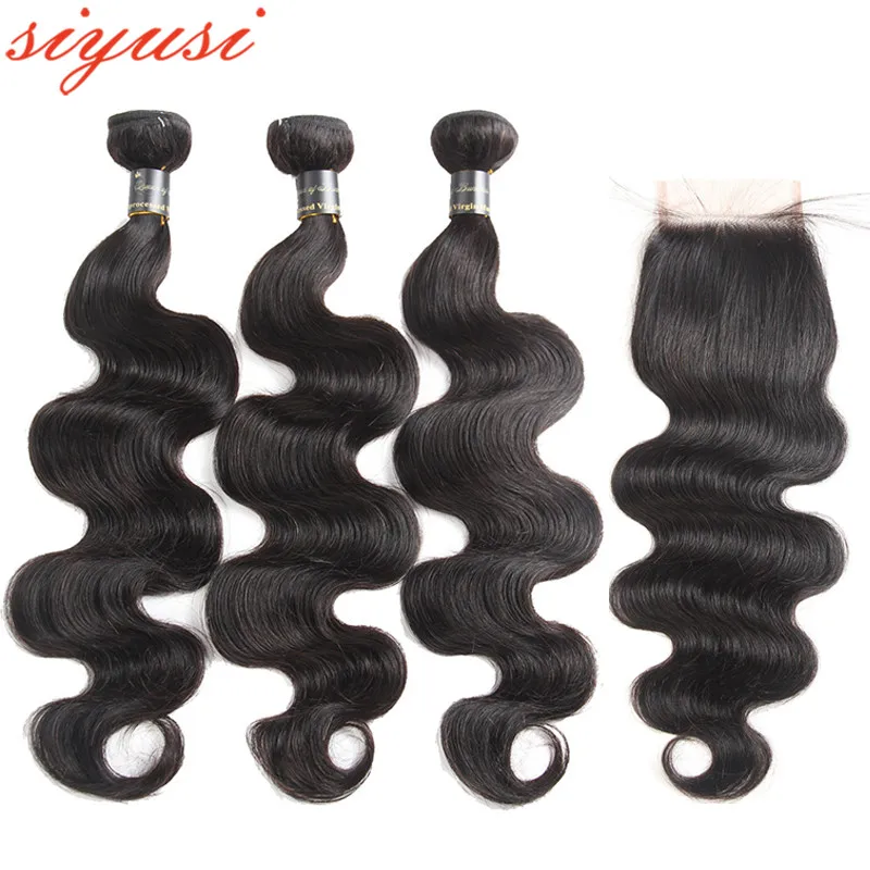 

Brazilian Human Hair 3/4 Pcs With 4x4 Lace Closure Free Middle Part Natural Color Brazilian Human Hair Bundles With Closure