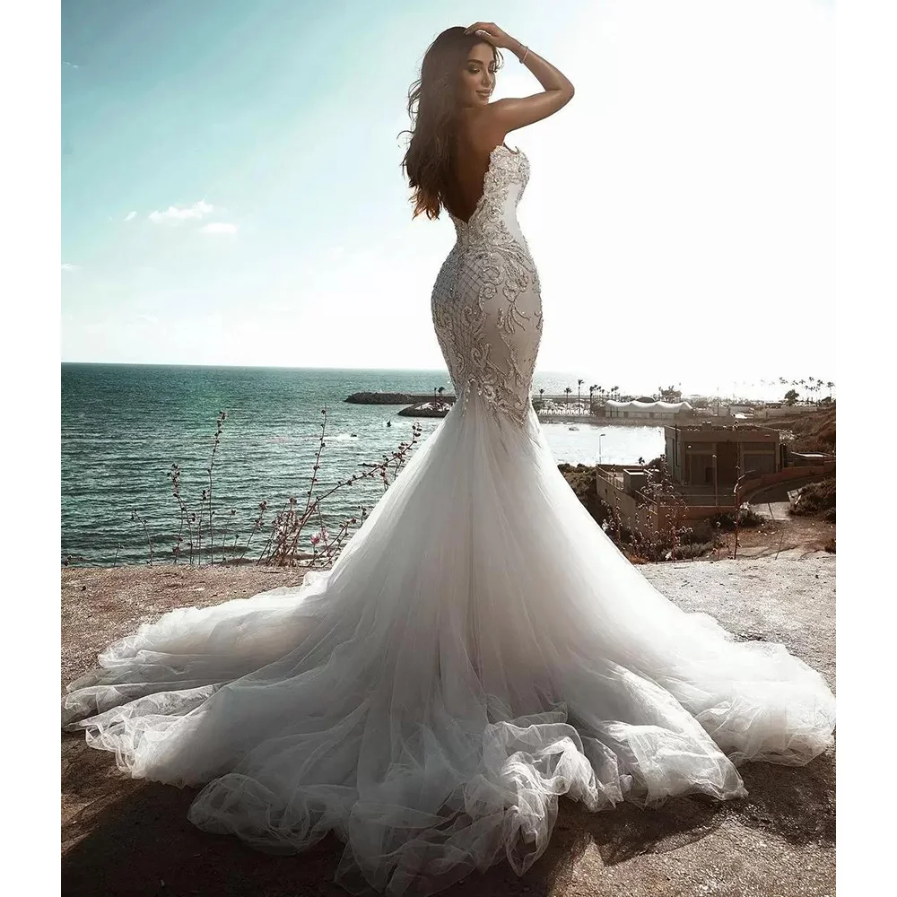 

Женское свадебное платье с юбкой-годе, изысканное платье с открытой спиной и кристаллами, с аппликацией в виде сердечек, платье невесты из С...