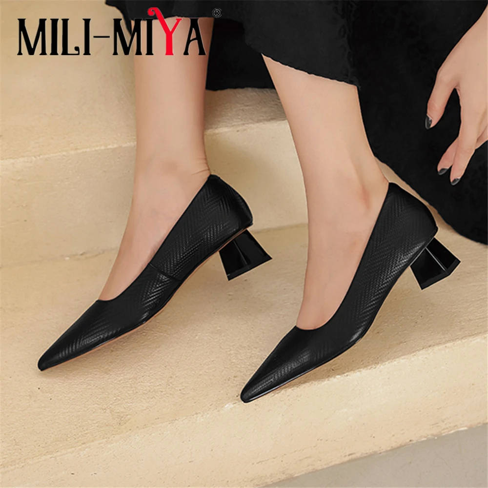 

MILI-MIYA Sexy Pointed Toe Women Embossing Cow Leather Pumps Comfortable Square Heels Slip-On Solid Color Dress Party Shoes