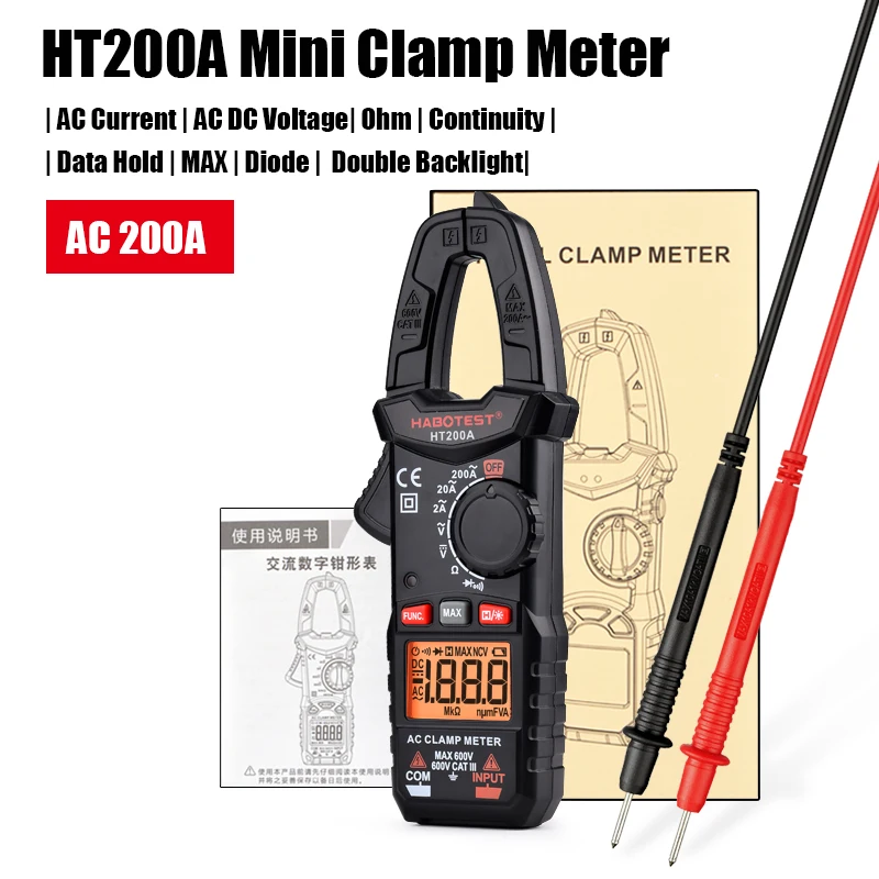 HABOTEST HT200A 2000 отсчетов измеритель зажима плоскогубцы переменного тока амперметр с