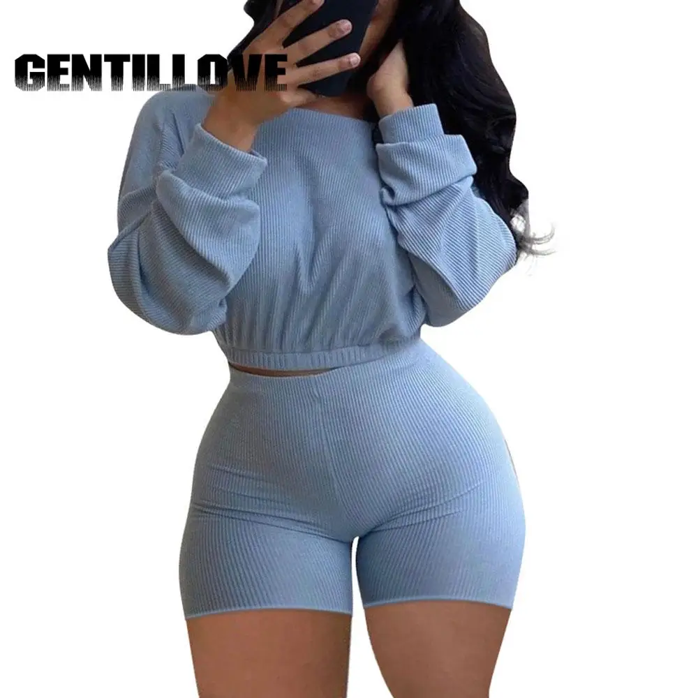 

Эластичный ребристый тренировочный комплект из двух предметов, повседневный спортивный однотонный короткий топ с длинным рукавом и шорты-...