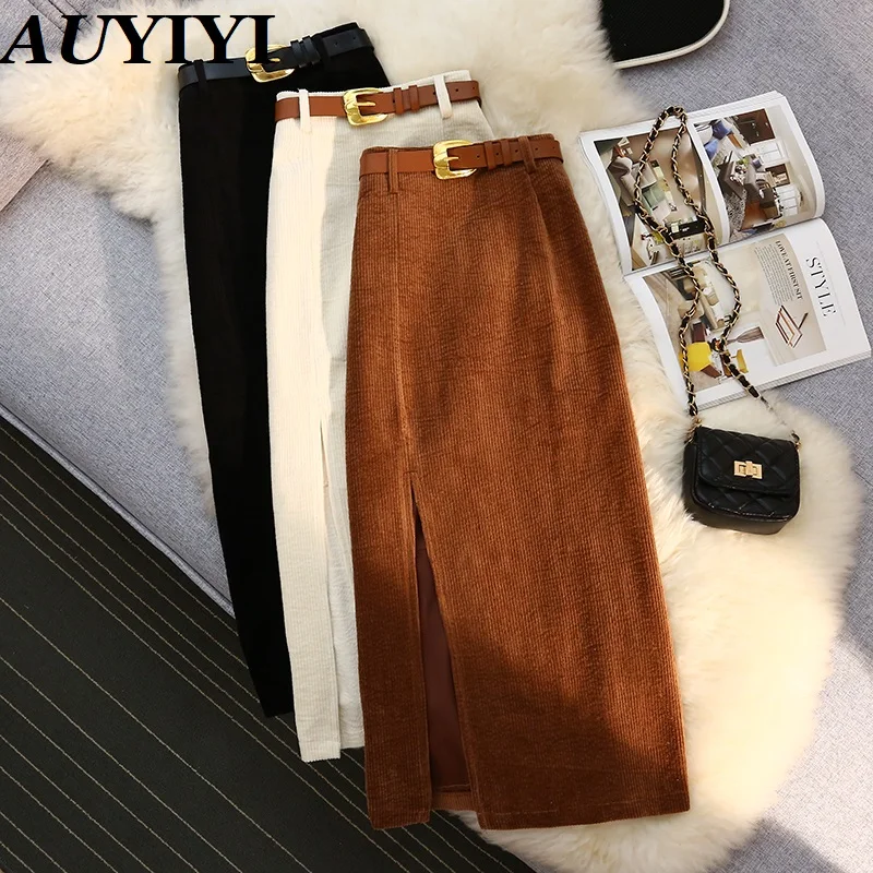 

AUYIYI Fashion New Retro Corduroy Slit Skirt Female Autumn And Winter Mid-Length High Waist Thin A-Line Package Hip Skirt