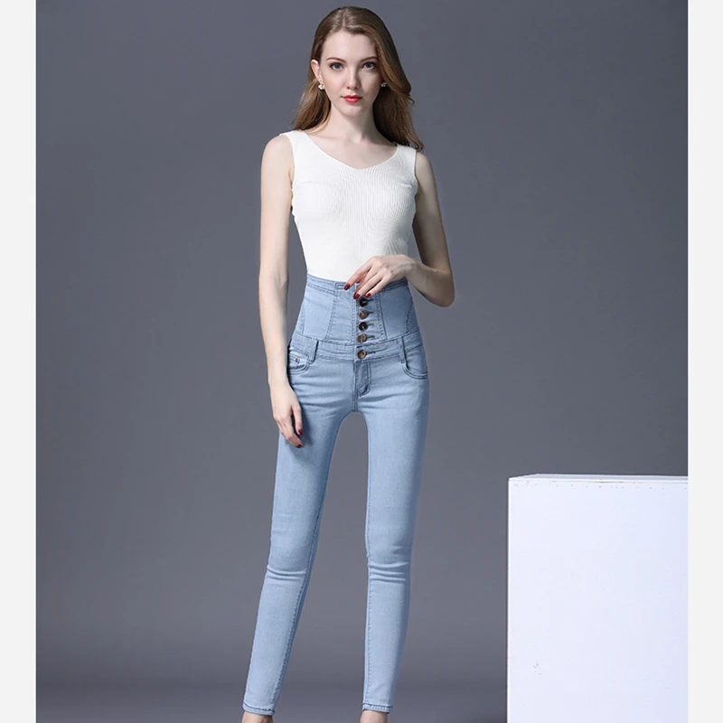 Весна 2020 большой размер Белый ЛД высокая талия тонкие дымчатые серые джинсы