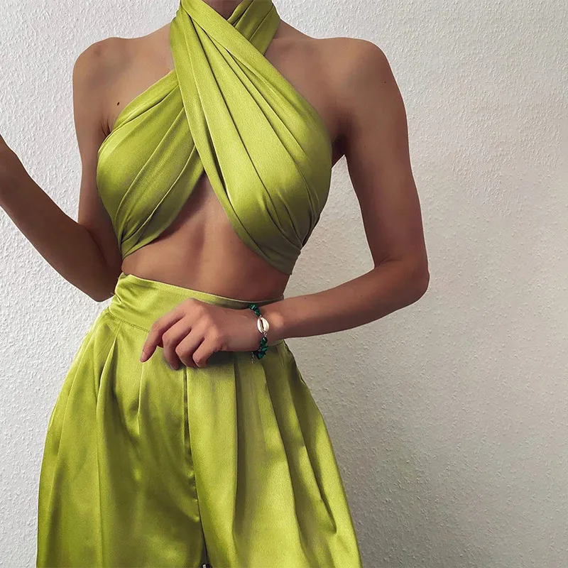 Sexy Halter Backless 2 piece Women Sets Sleeveless Crop Tops And Wide Leg Pants Female Set 2021 Summer Elegant Fashion Lady Suit