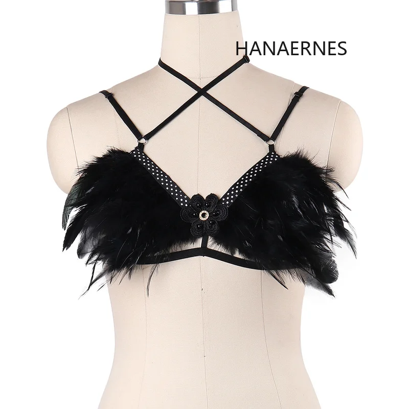 

Gothic Sexy Crop Tops Women Hollow Out Elastic Cage Bra Bandage Strappy Halter Bra Bustier Tops Harness Crop Feather Underwear