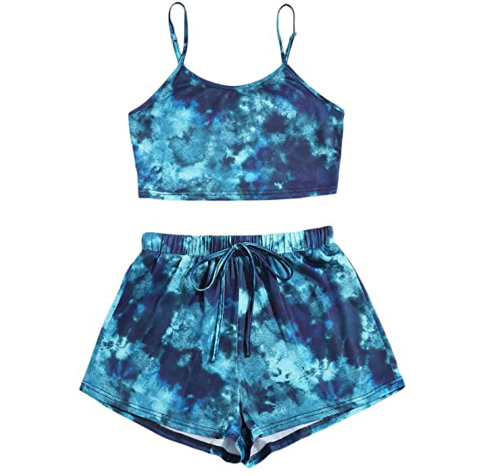 

Women's 2021 New Fahsion Algefacient And Sexy Loose Blue Tie-dye Spaghetti Straps Vest Two Piece Shorts Nightwear Pajamas Sets