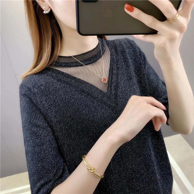 

19849 make ice silk pure color lace stitching short sleeve knit 34