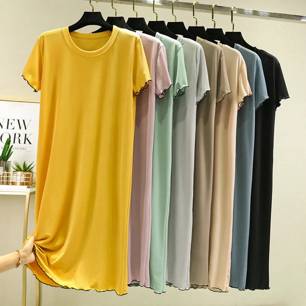 

Fdfklak Short-Sleeves Nightie Nightdress Women Home Fashion Summer Ice Silk Loose Solid Color Night Dress Women's Nightgown