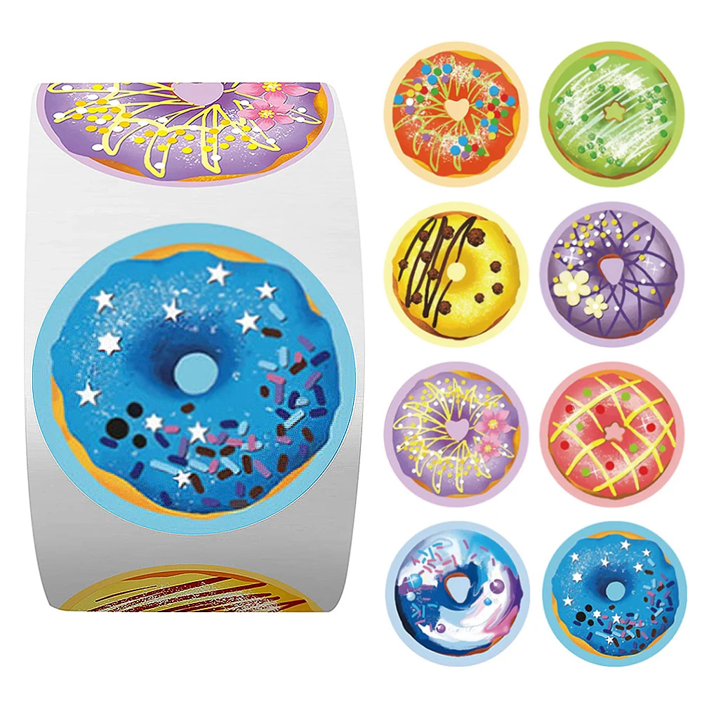 

500 Pcs Round Cute Reward Stickers Delicious Donut Pattern Stickers Colorful Decoration Labels Kids Party Stationery Stickers