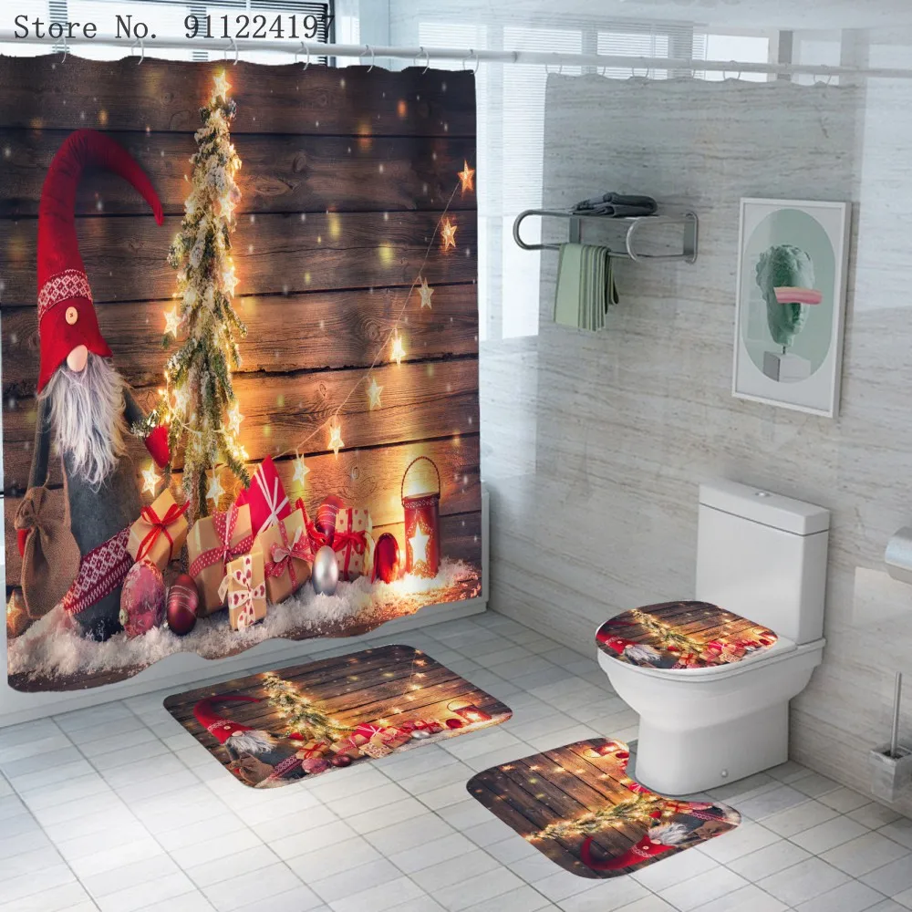 

Christmas Trees Santa Claus Shower Curtain Sets Bathroom Bathing Screen with Anti-slip Mat Carpet Toilet Lid Cover Home Decor