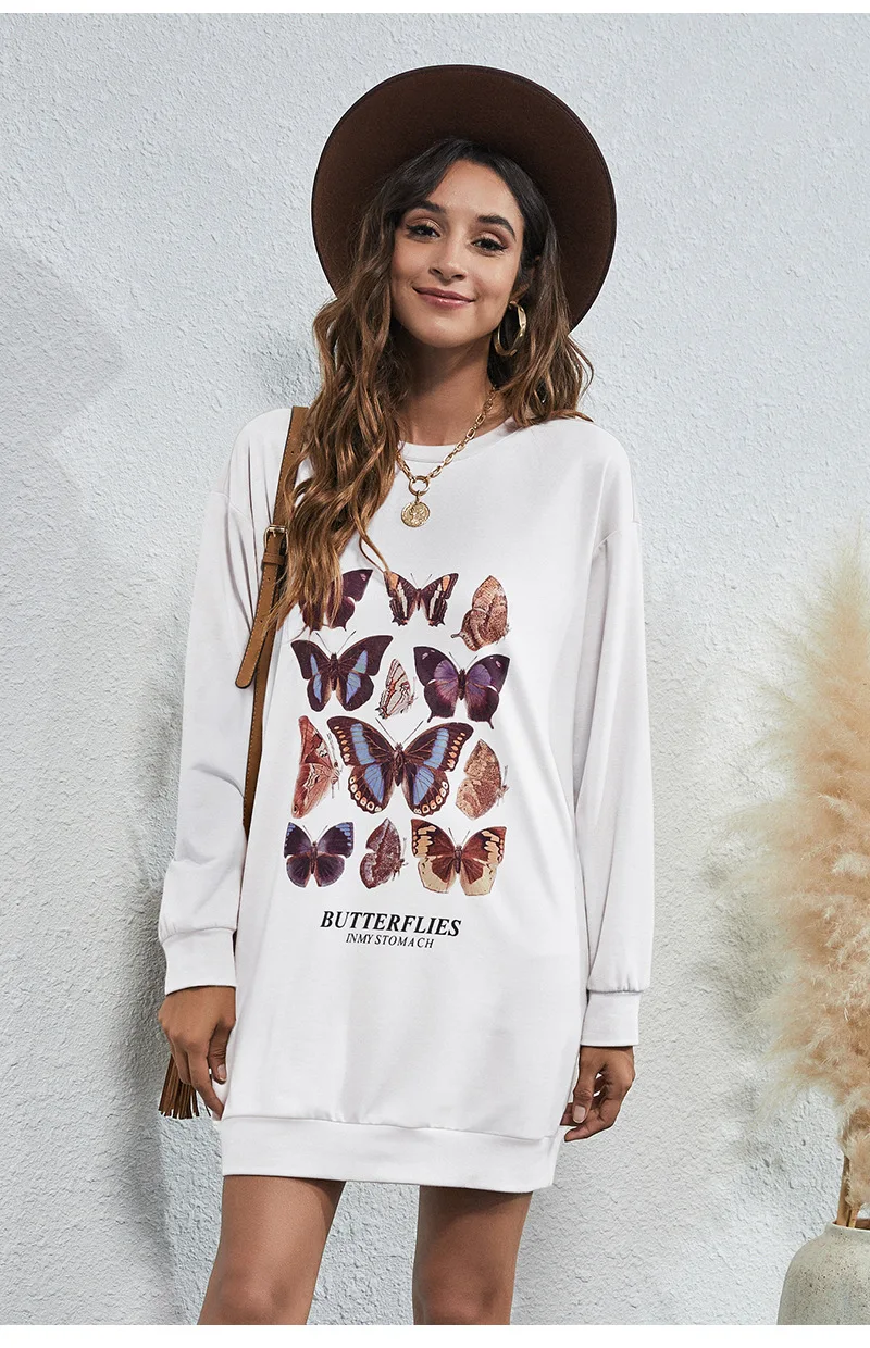 

2021 Autumn Women New Arrival Fashion Long Sleeve Splice Print Sweaters Casual Loose O-Neck Butterfly Printing Long Sweater Lady